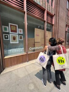 Tribeca Community Center NYC, purple and green Hi tote bags